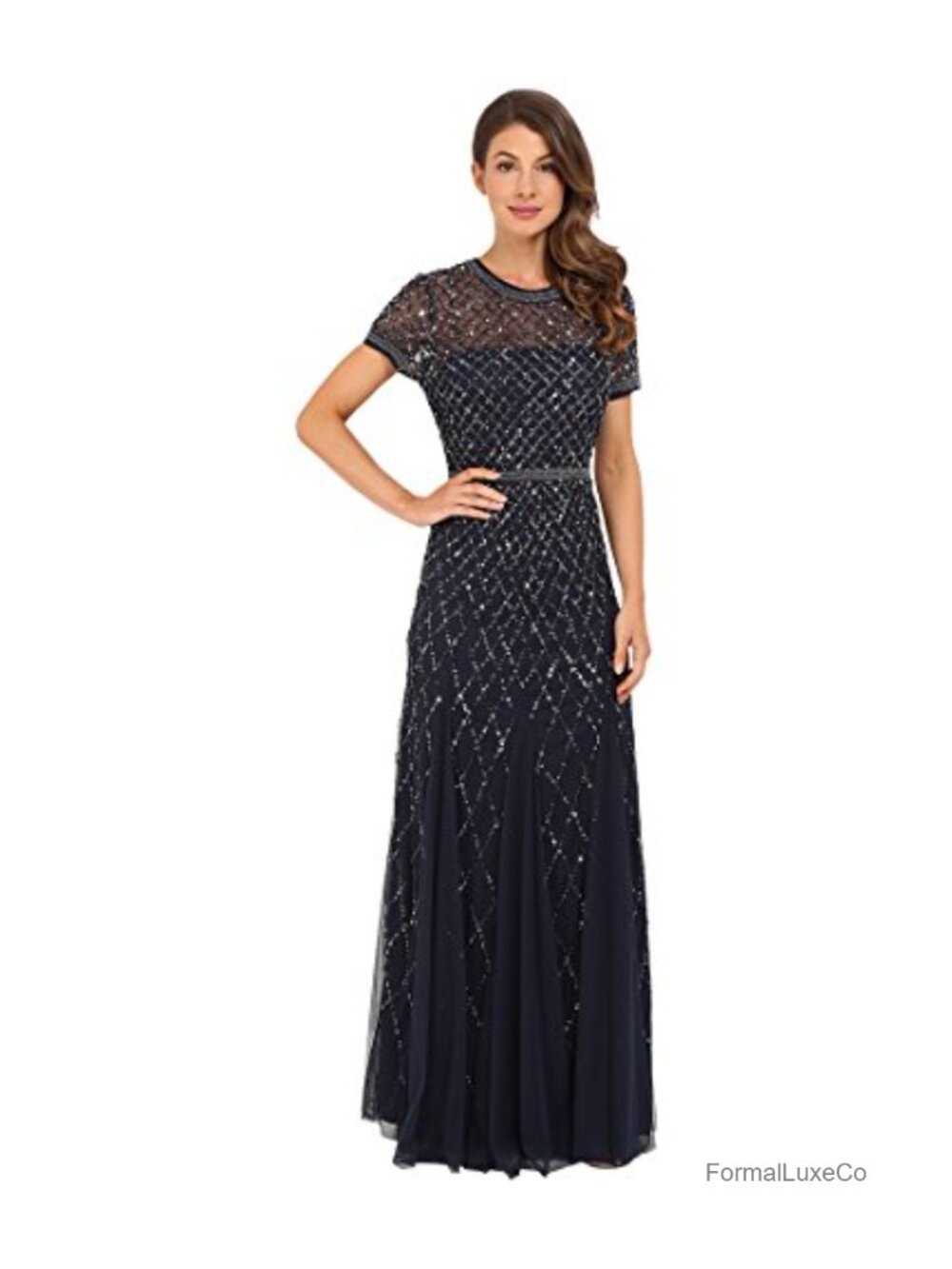 Fully Beaded A-Line Evening Gown with Cap Sleeves